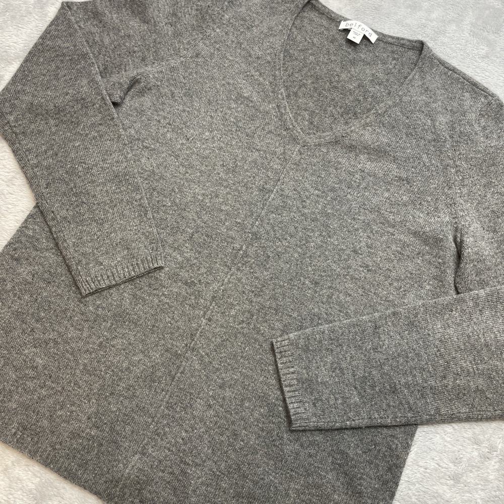 Belford Womens 100% Cashmere Sweater Size M Heather‎ Gray Long Sleeve V Neck